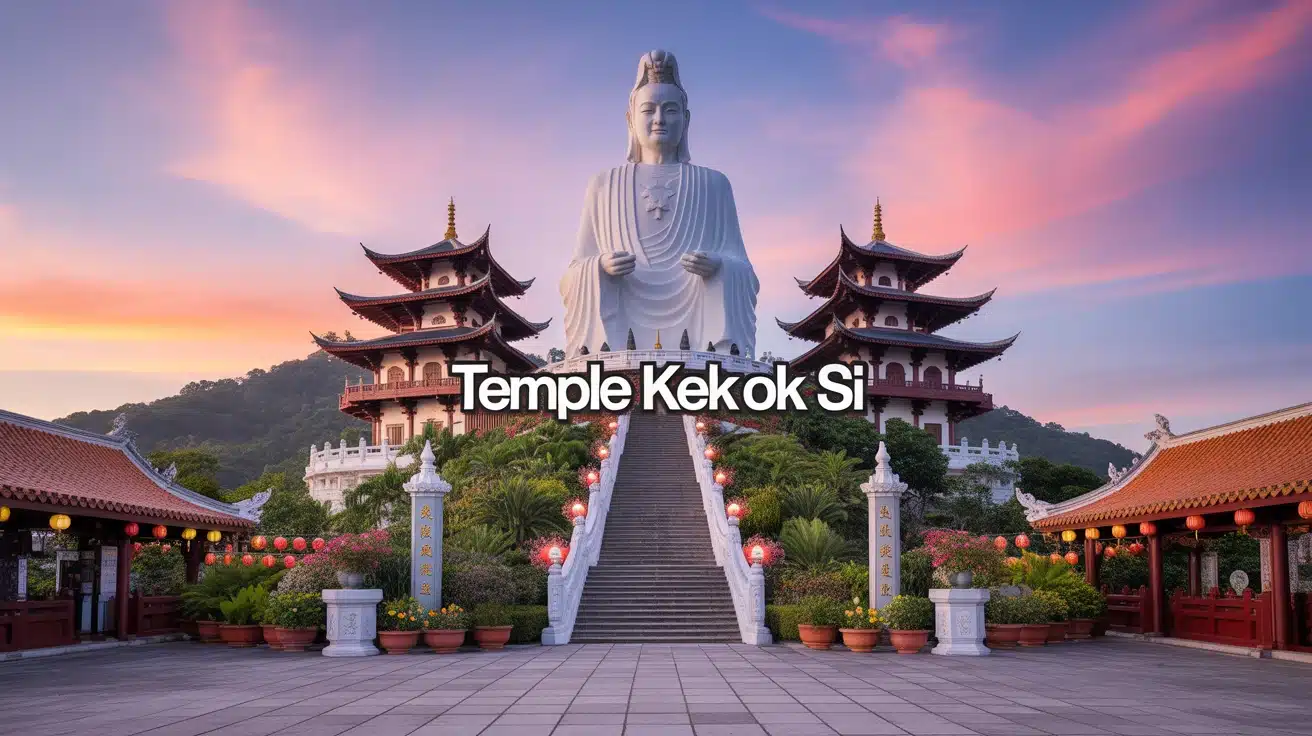 Temple Kek Lok Si sur colline Air Itam au crépuscule
