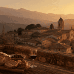 Vue dorée sur Altomonte pain vin église