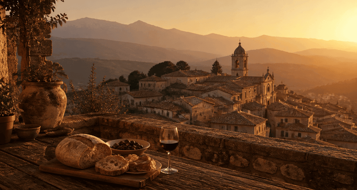 Vue dorée sur Altomonte pain vin église
