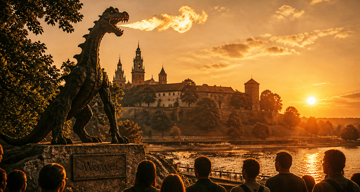 Château du Wawel statue dragon flamme coucher soleil