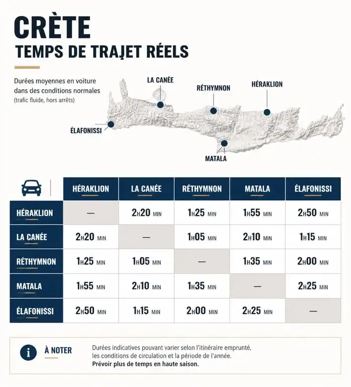 Infographie des temps de trajet en Crète pour éviter les erreurs lors de votre voyage