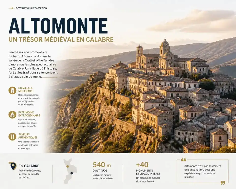 Vue panoramique du village médiéval d'Altomonte en Calabre, une destination touristique incontournable en Italie.