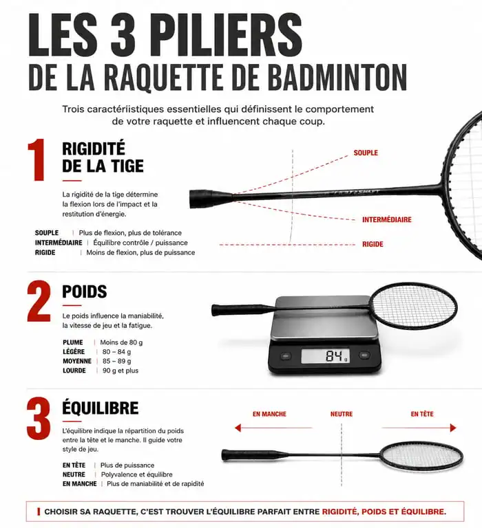 Infographie technique sur le choix d'une raquette de badminton Badventure : rigidité, poids et équilibre