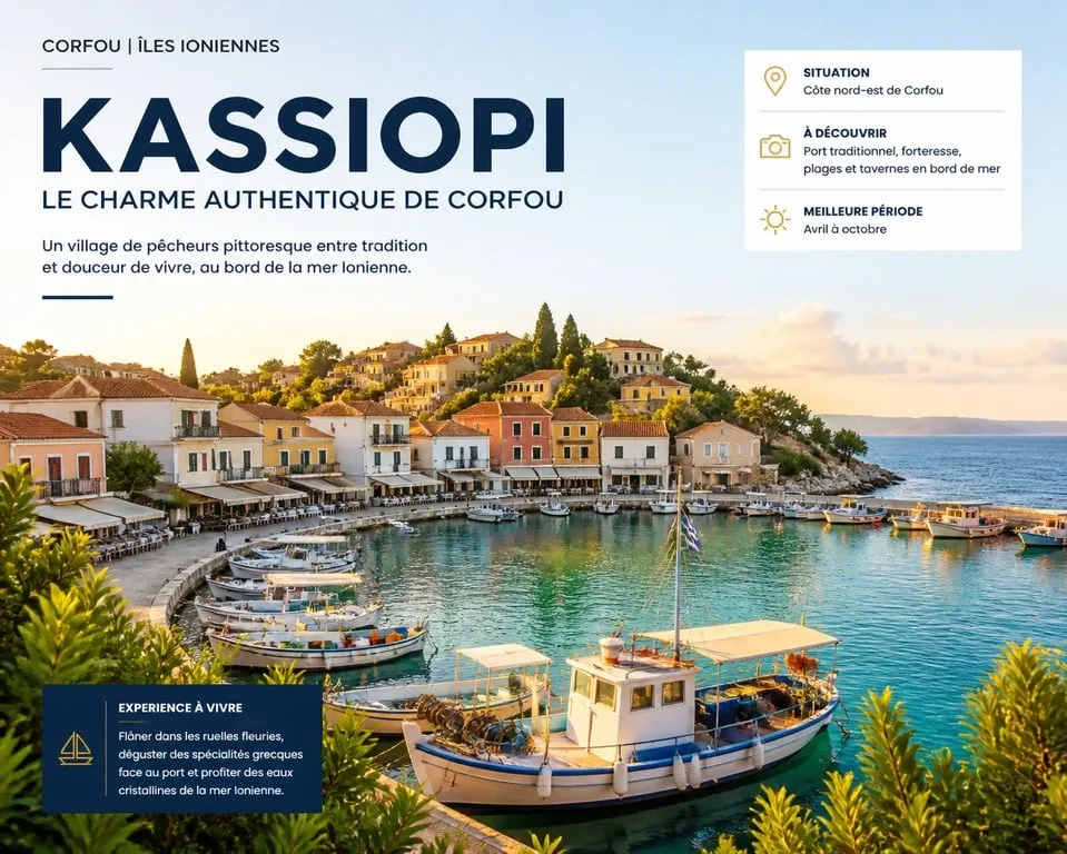 Vue panoramique du port de Kassiopi town à Corfou avec ses bateaux traditionnels et ses maisons typiques