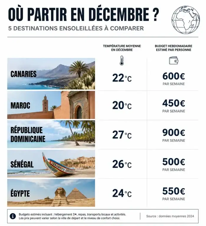 Comparatif des destinations pas chères pour un voyage au soleil en décembre