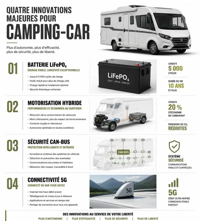 Infographie des innovations technologiques pour camping-car : autonomie, motorisation, sécurité et connectivité