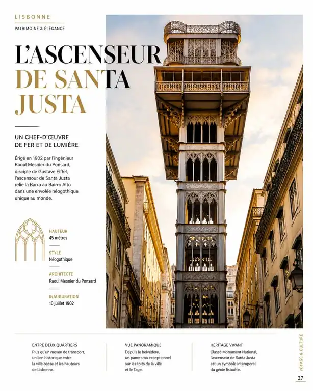 Vue architecturale de l'ascenseur de Santa Justa à Lisbonne, monument emblématique en fer forgé.
