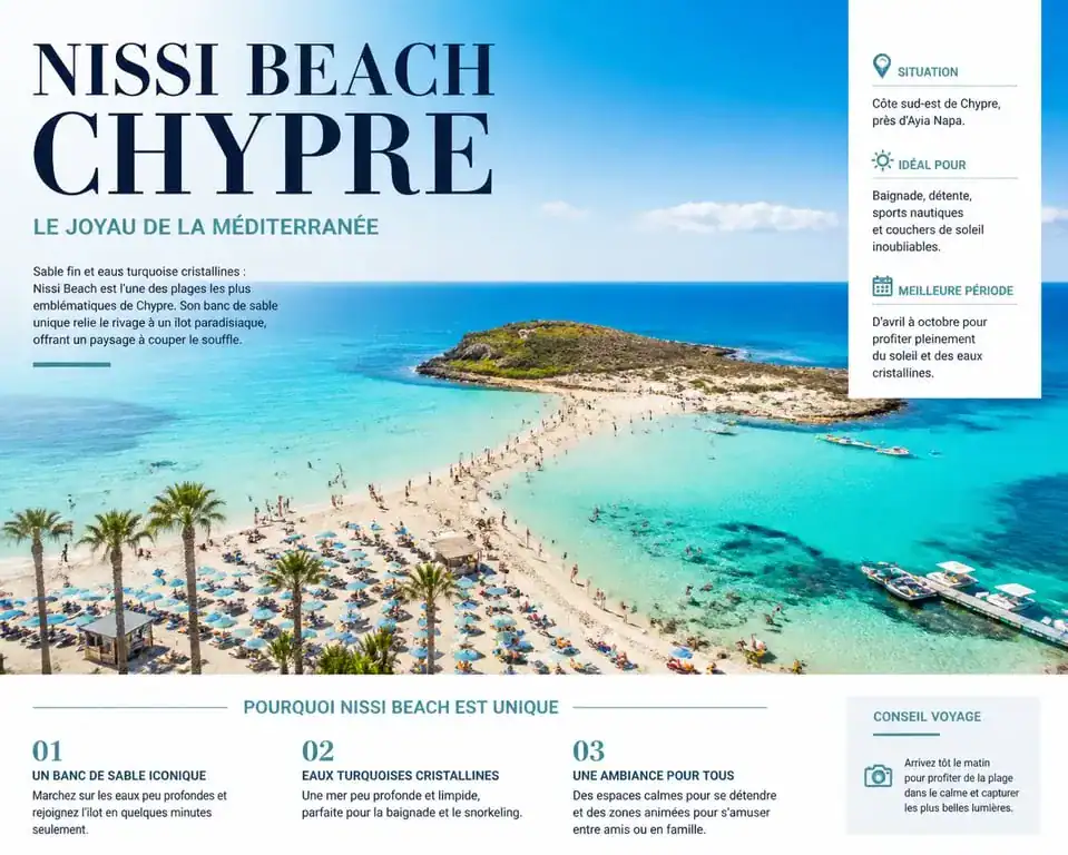 Plage Nissi Beach à Chypre avec son banc de sable et eaux turquoise