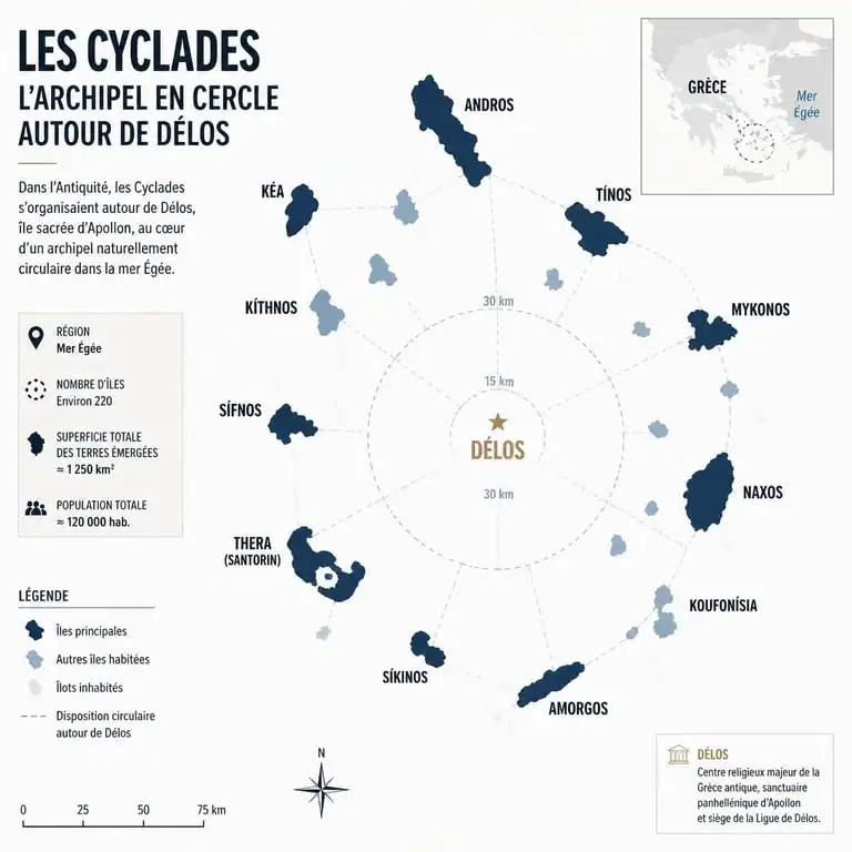 Carte des Cyclades illustrant la disposition circulaire des îles autour de Délos