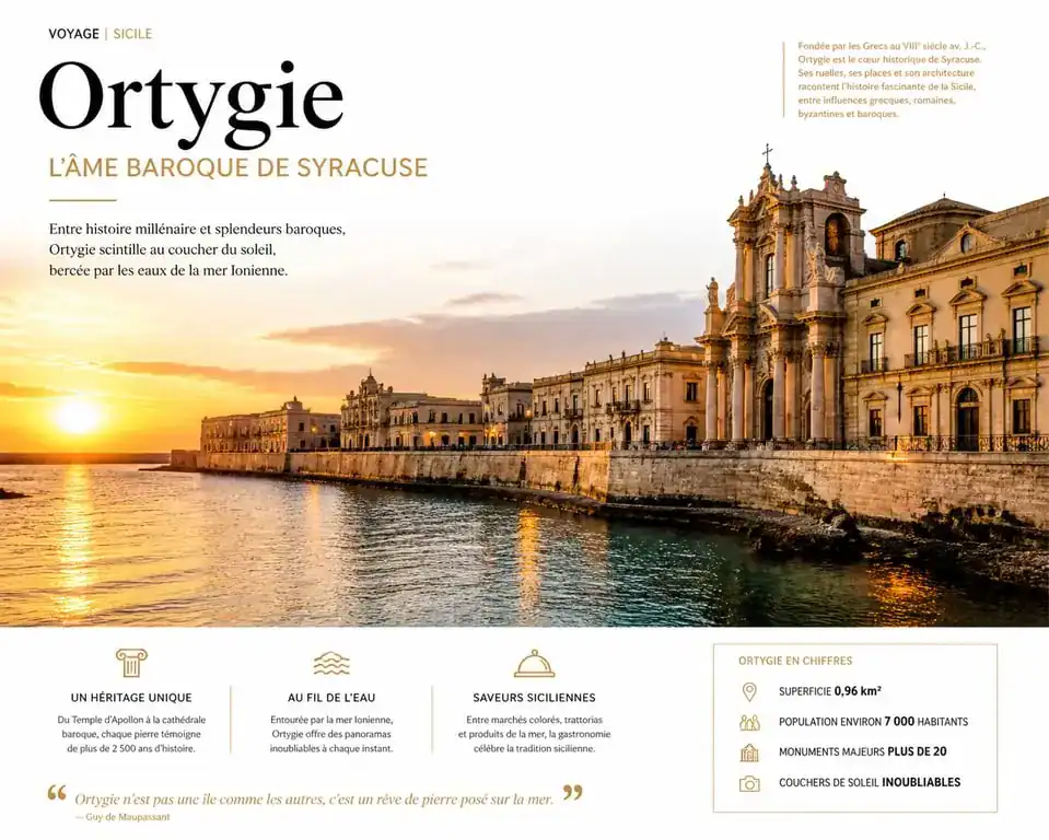 Vue panoramique de l'île d'Ortygie, centre historique de Syracuse en Sicile, au coucher du soleil