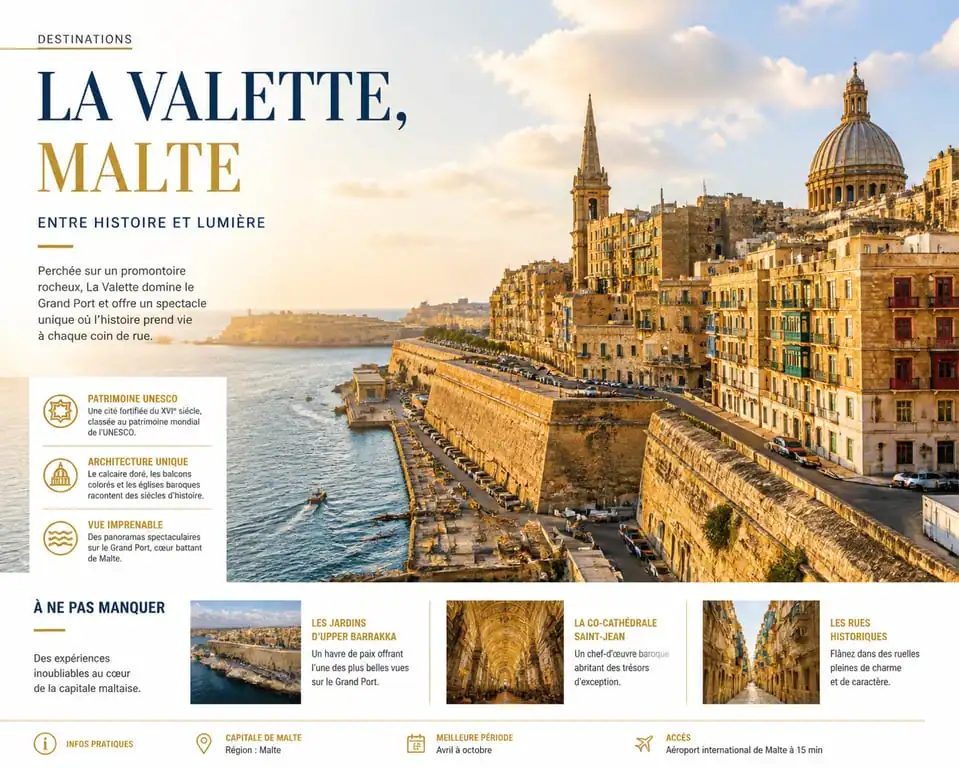 Vue panoramique de La Valette, capitale de Malte, avec ses monuments historiques et son port.