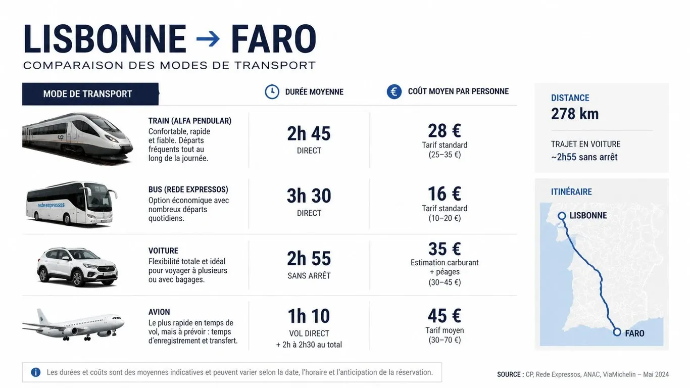 Comparatif des modes de transport pour la distance Lisbonne-Faro : train, bus et voiture