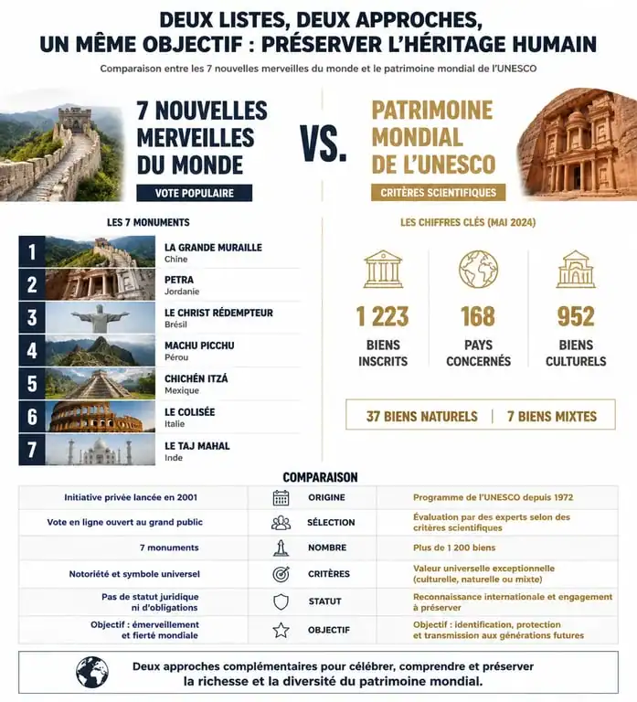 Infographie comparative entre les 7 nouvelles merveilles du monde et le patrimoine mondial UNESCO