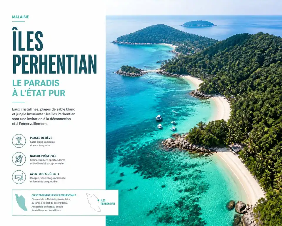 Paysage paradisiaque des îles Perhentian en Malaisie avec eaux turquoise et plages de sable blanc