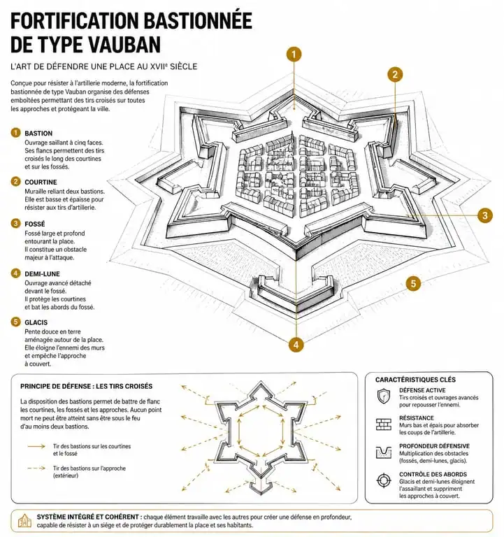 Schéma explicatif d'une ville fortifiée de type Vauban avec ses bastions et son glacis