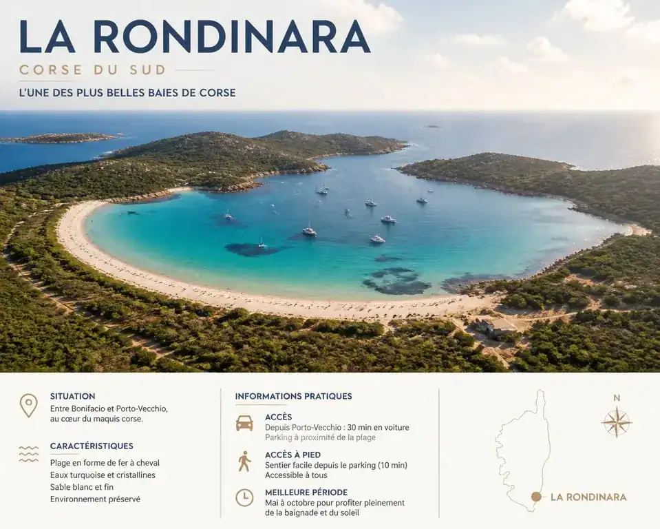 Plage la Rondinara en Corse avec ses eaux turquoise et sa forme en fer à cheval