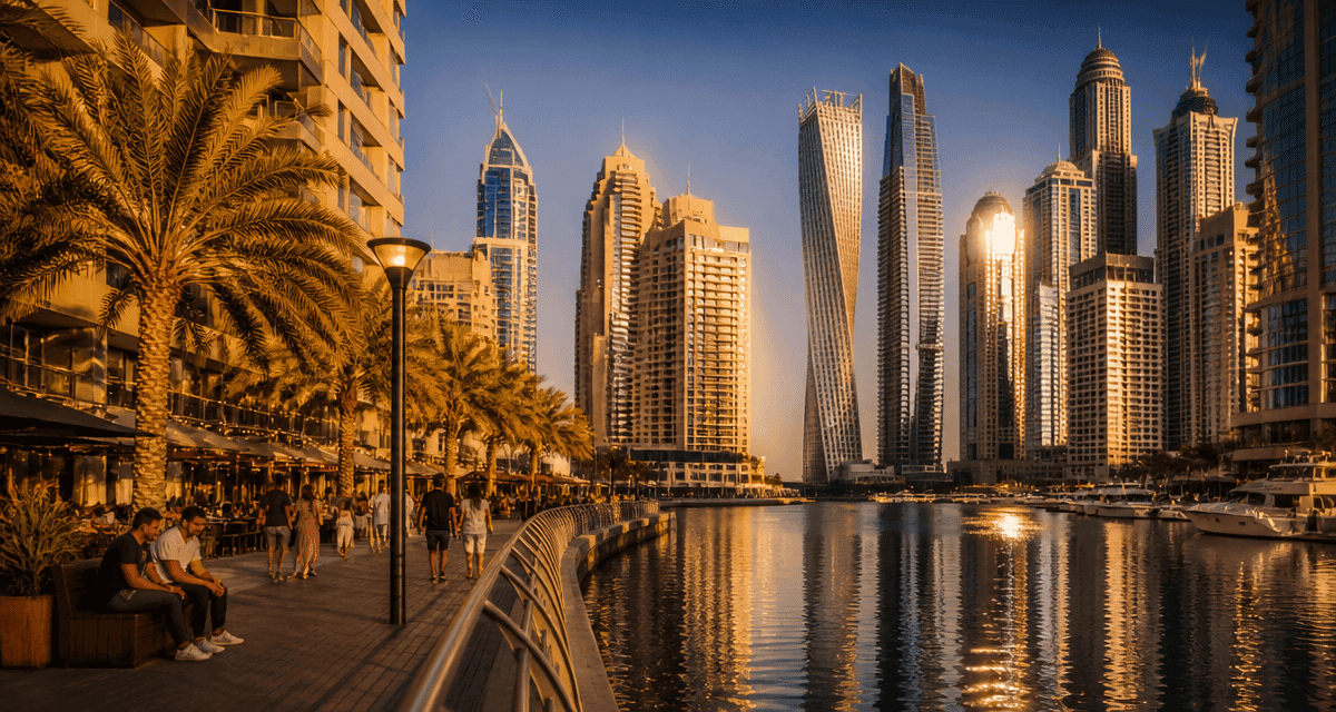 marina a dubai promenade et gratte-ciel au coucher du soleil