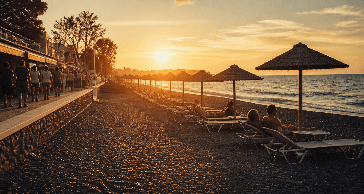 Plage de Kamari avec parasols et promenade