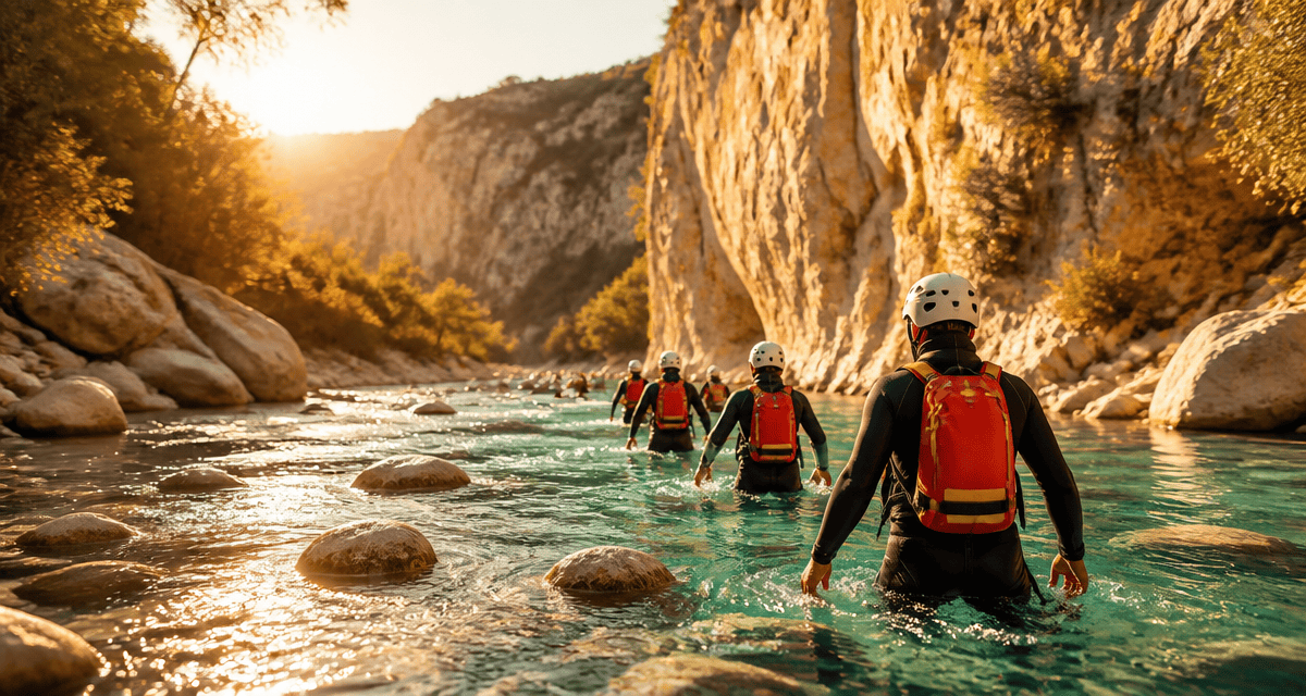 Rando aquatique Verdon groupe dans l'eau turquoise