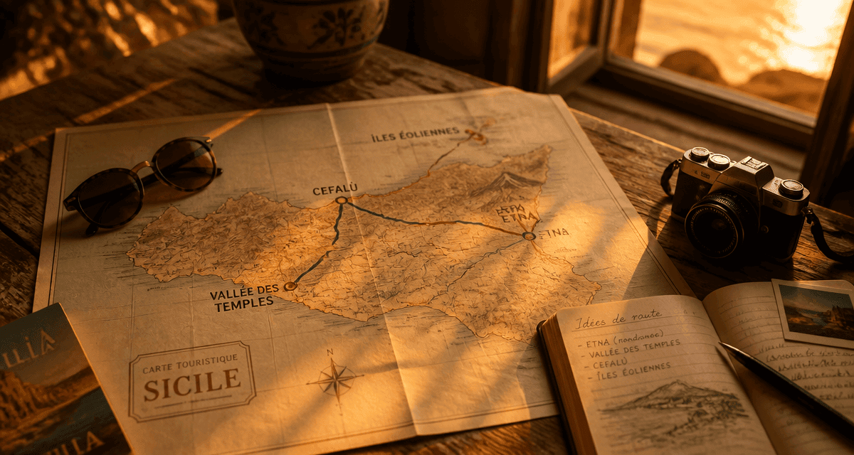 sicile carte touristique sur table avec itinéraires