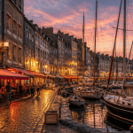 Vieux Bassin Honfleur ville Normandie au soleil couchant