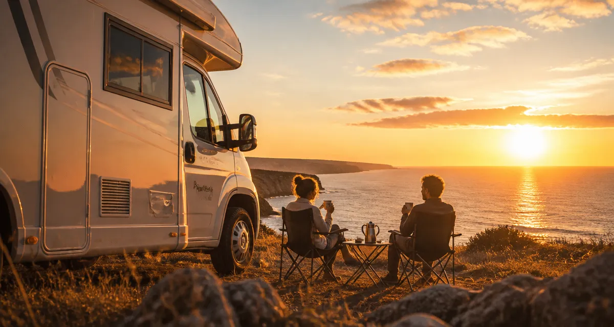 camping car au portugal sur falaise au coucher de soleil