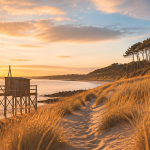 Côte atlantique française dune et cabane carrelet au soleil couchant