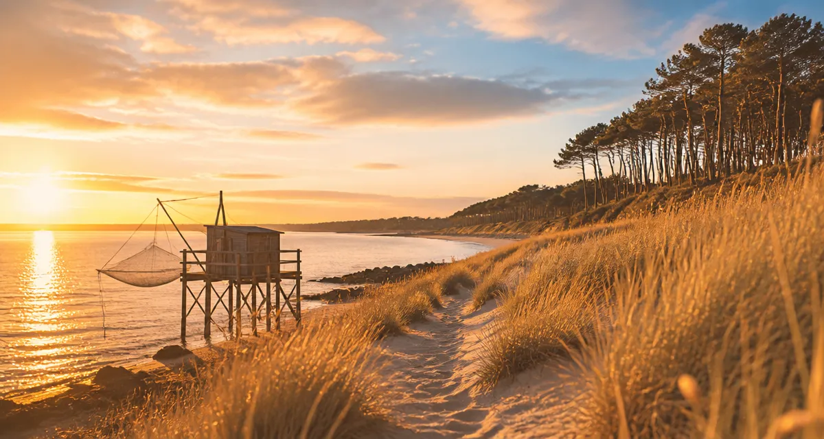 Côte atlantique française dune et cabane carrelet au soleil couchant