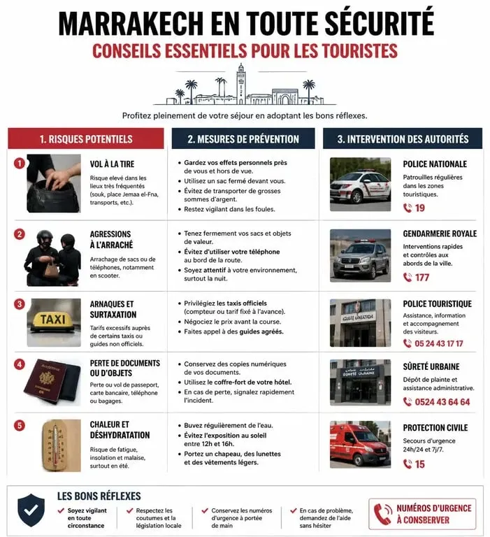 Conseils de sécurité pour les touristes à Marrakech : infographie des risques et mesures de prévention