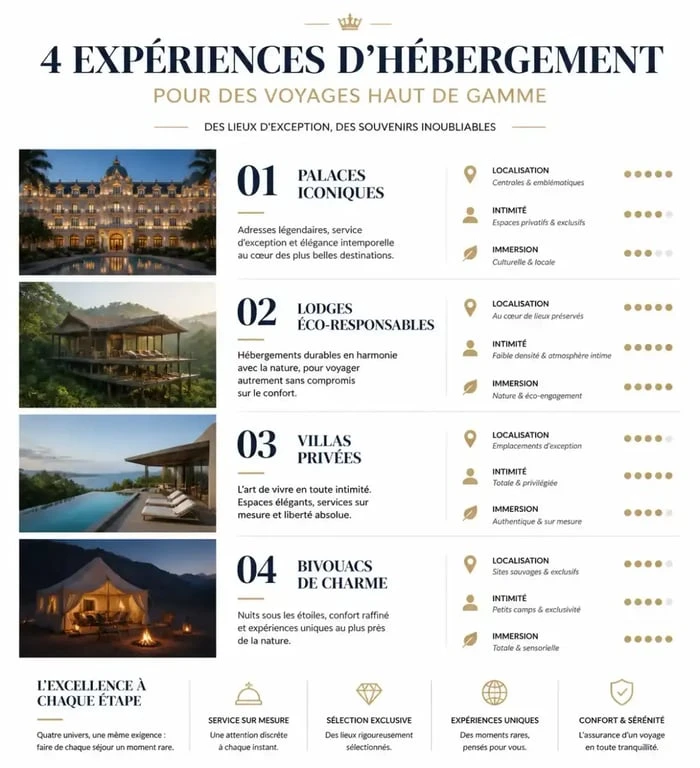 Infographie des types d'hébergements pour des voyages haut de gamme : palaces, lodges, villas et bivouacs.