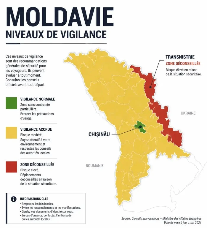 Carte des zones de sécurité pour le tourisme en Moldavie et risques liés au voyage