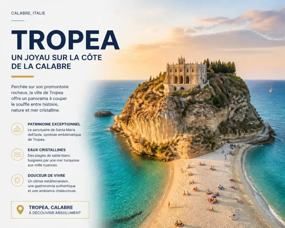 Vue panoramique de la plage de Tropea et du sanctuaire de Santa Maria dell'Isola en Calabre