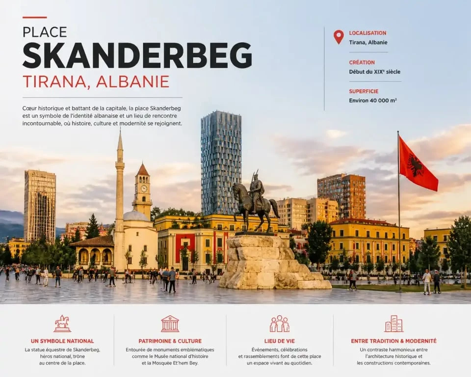 Place Skanderbeg au centre de Tirana, une destination sûre et accueillante pour les voyageurs.