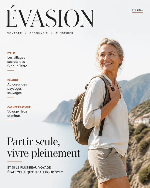 Femme de 50 ans voyageant seule en toute sérénité dans un paysage magnifique