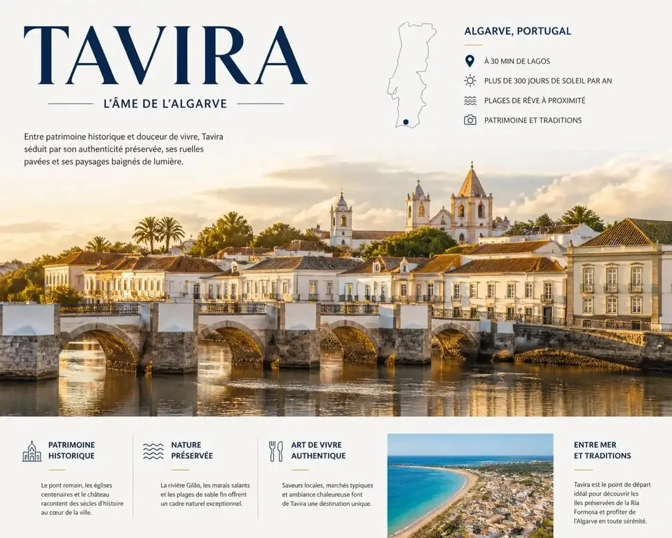 Vue panoramique de Tavira au Portugal avec son pont romain et ses maisons typiques, idéale pour visualiser la ville sur une carte de Tavira.