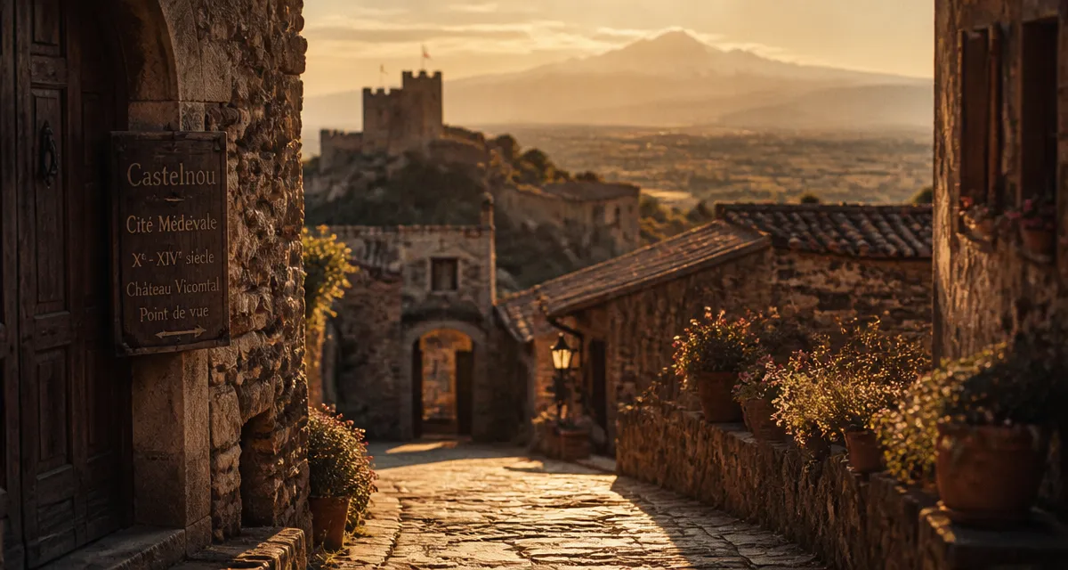 Plus beaux villages autour de canet-en-roussillon : village médiéval des Aspres, arches et ruelles, vue Canigou