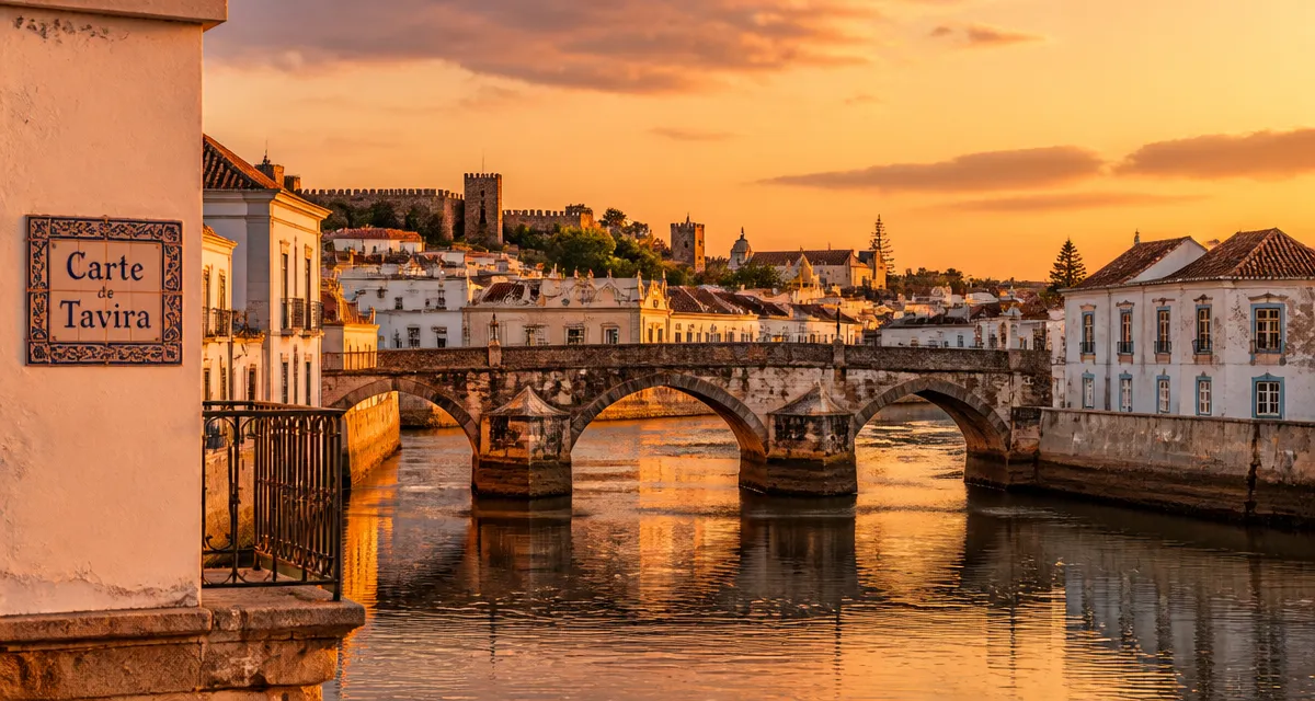 tavira portugal carte pont romain et centre historique au coucher du soleil