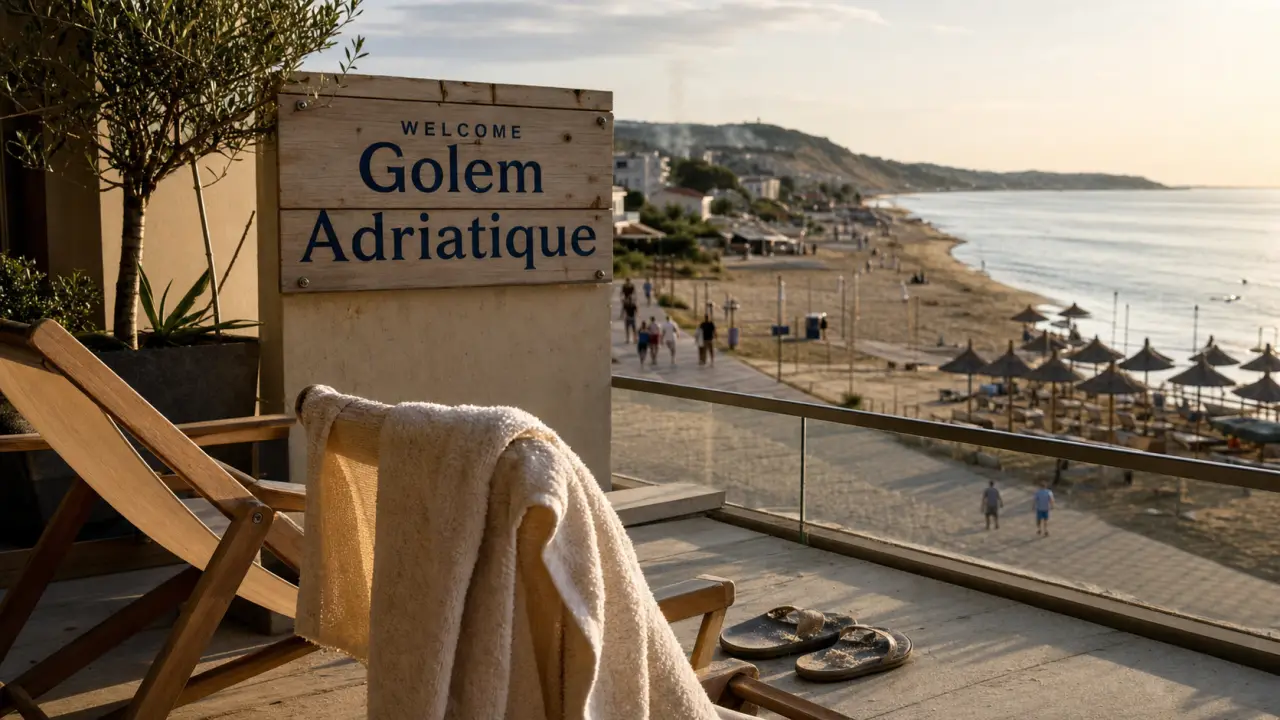 Albanie Golem voyage : terrasse d’hôtel avec sable et plage Adriatique