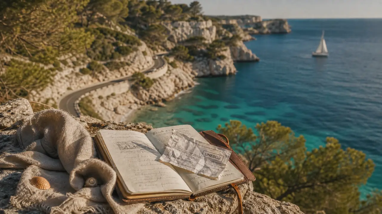 Albanie voyage : serviette et carnet près d’une crique turquoise, route UNESCO