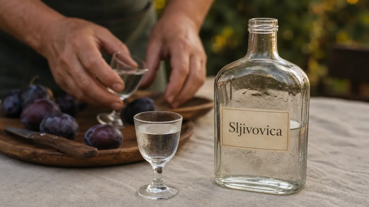 Alcool serbe sljivovica : verre et bouteille de liqueur aux prunes