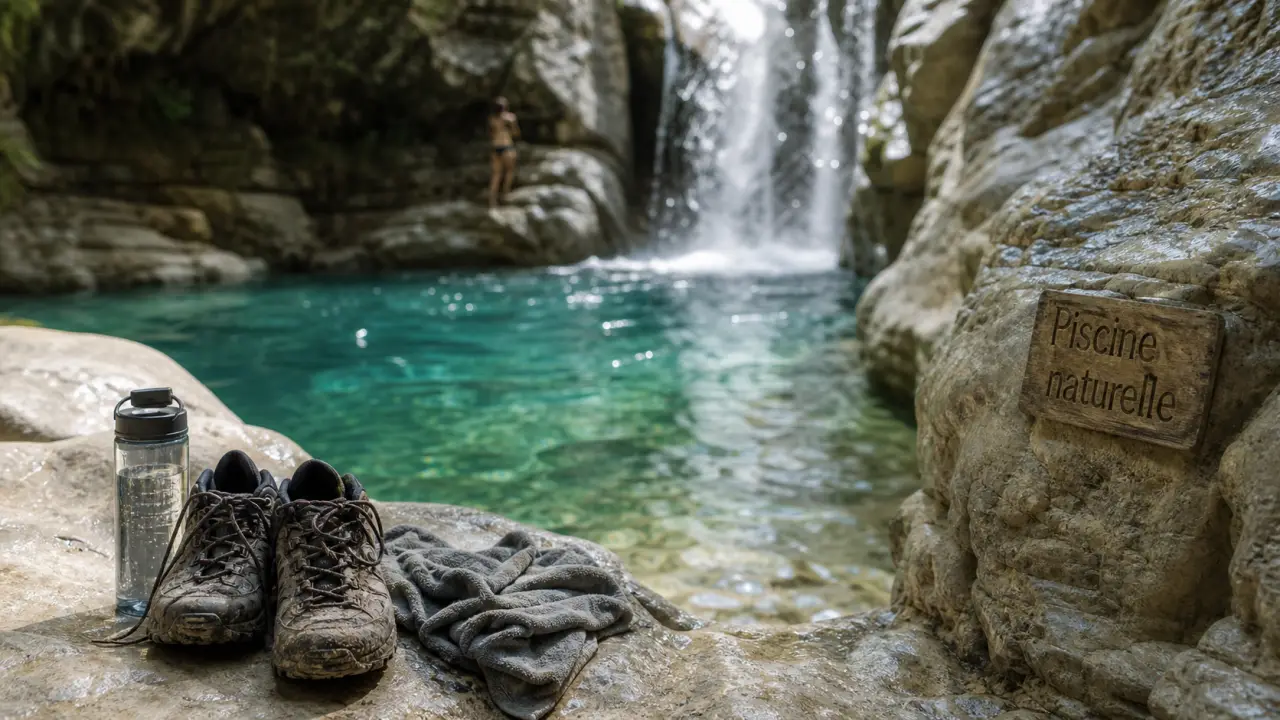 Cascade et piscine naturelle : vasque turquoise et petite cascade sur roche