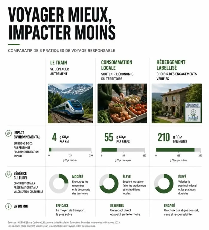 Infographie sur les bons réflexes pour un voyage responsable et durable