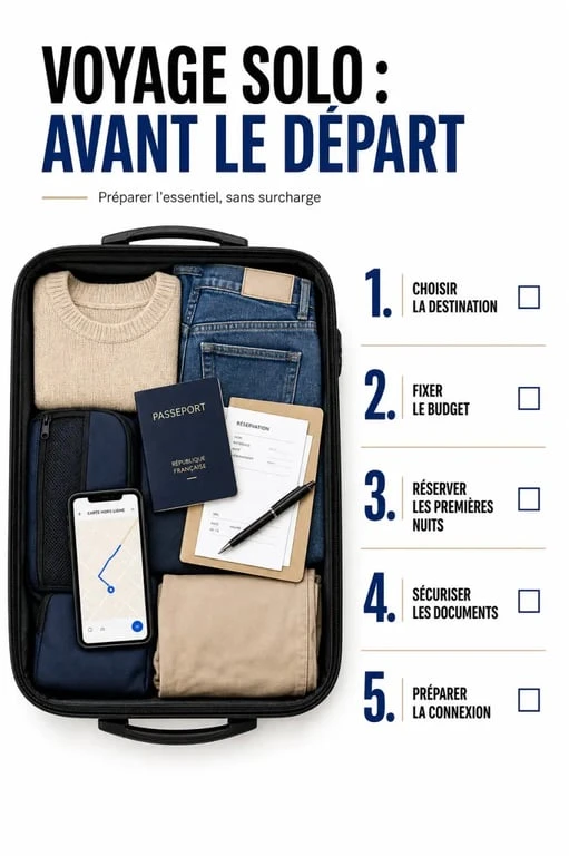 Bien préparer un voyage en solo avec une illustration des étapes clés de préparation