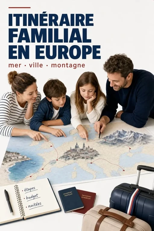Voyage en Europe en famille : illustration éditoriale d'une famille préparant un itinéraire sur une carte d'Europe