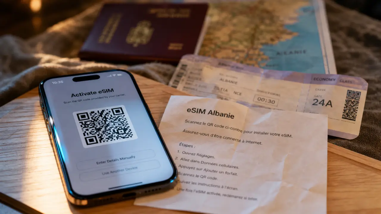 esim voyage albanie : smartphone avec activation eSIM et QR code