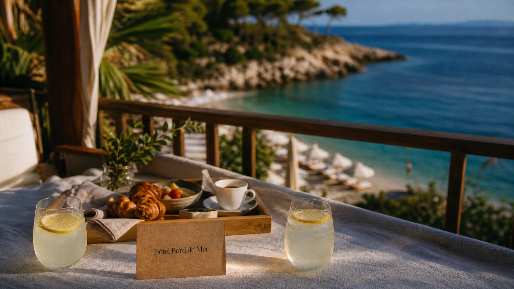 Hotel albanie bord de mer, vue crique turquoise depuis terrasse