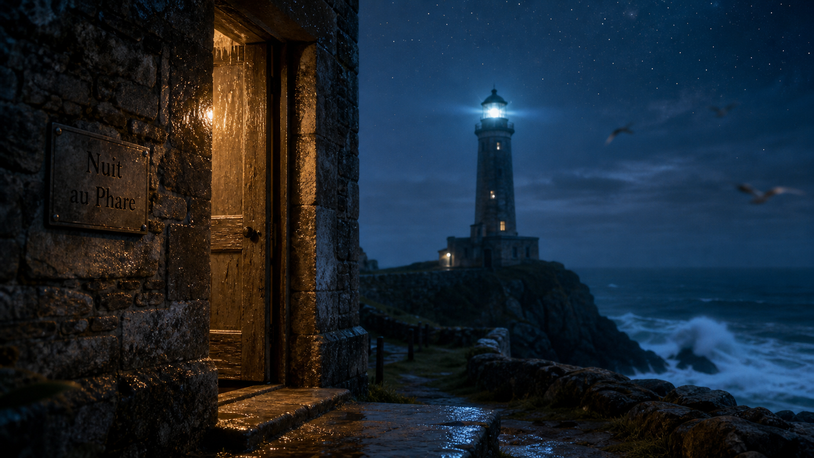 Nuit dans un phare en Bretagne : porte et entrée, mer et phare