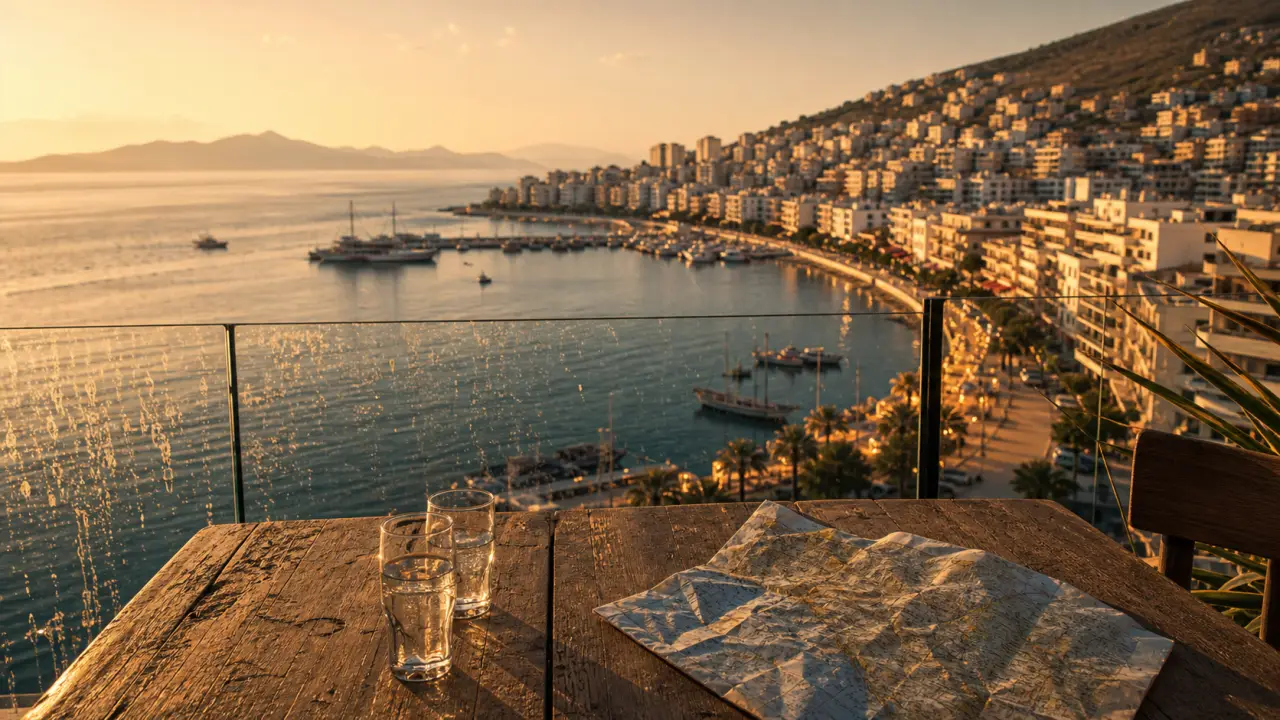 Albánie saranda, baie vue depuis terrasse, ferry vers Corfou