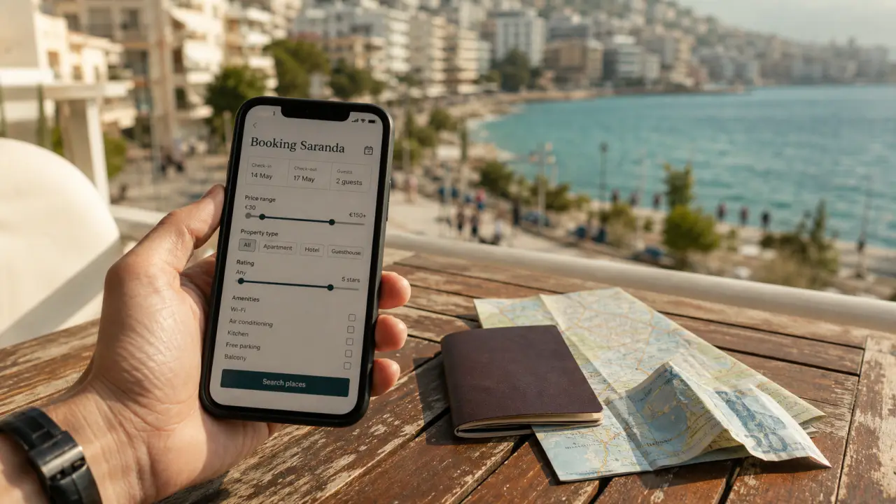 booking saranda albanie : smartphone avec recherche et filtres