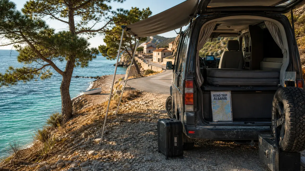 Camping car en Albanie sur une route côtière, carte et GPS visibles
